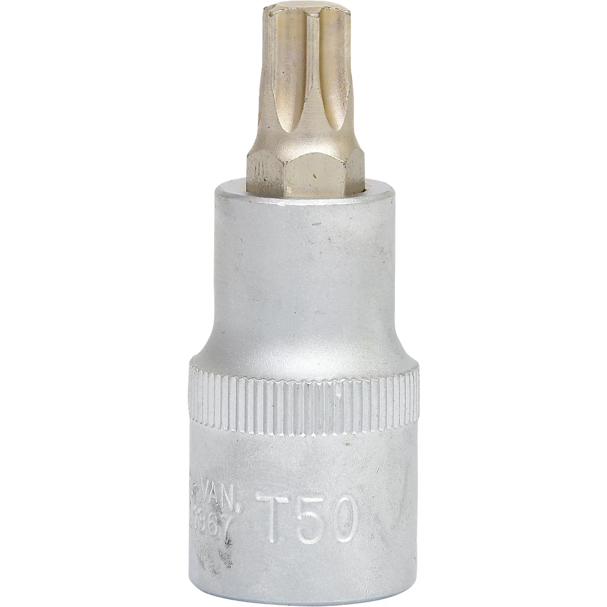 Nahaufnahme einer Torx-Nuss in Silber. Der Kopf hat sternförmige Kerben. Die Seite trägt die Aufschrift T50.